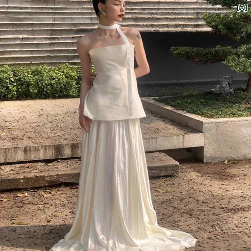 ドレス レディース 花嫁 ウェディング イブニング パーティードレス 披露宴 二次会 前撮り 入籍 婚約 ベアトップ Aライン ロング丈 高ウエスト フレンチ エレガント 軽高級感 個性的 白 紐調整|ラ・グラーヌ