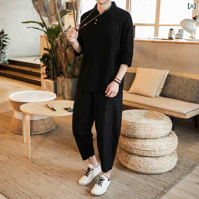 セットアップ メンズ チャイナ服 七分袖Tシャツ バルーンパンツ 2点セット 男性用 エスニック レトロ ヴィンテージ 麻 リネン 薄手 春夏 カジュアル 普段着 リラックスウェア 黒 アイボリー ブルー