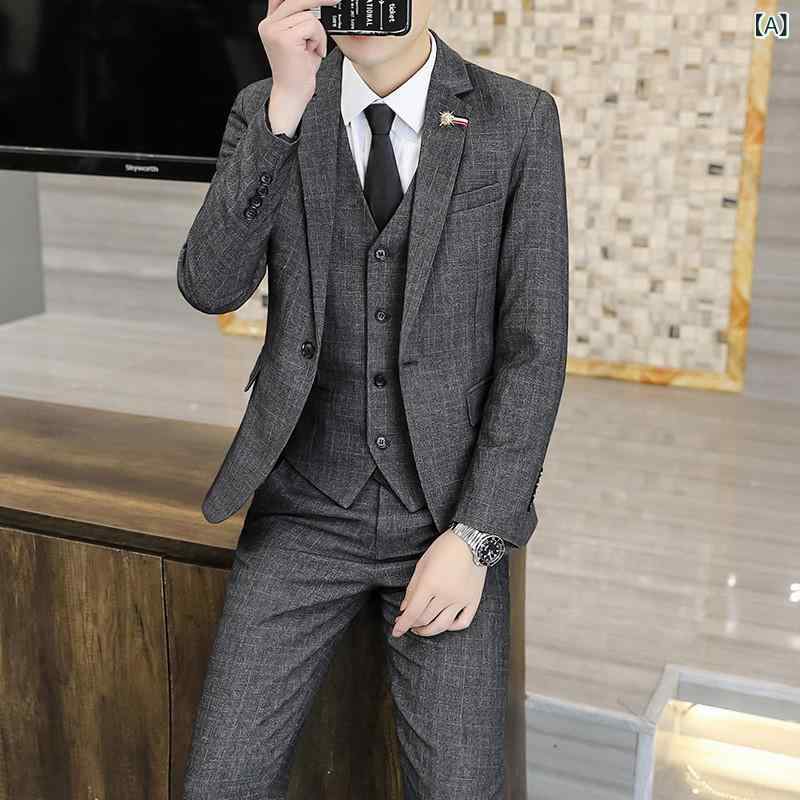 スーツ メンズ スリーピース セットアップ 春夏 麻混 スリムフィット ビジネス カジュアル 結婚式 新郎 礼服 オフィスフォーマル グレー カーキ