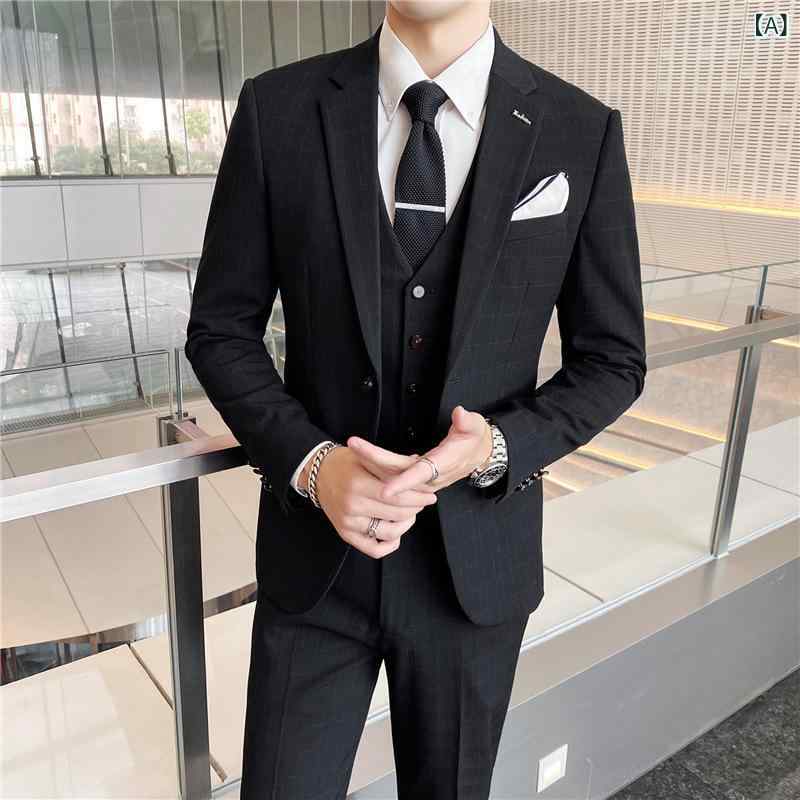 スーツ メンズ 男性用 スリーピース セットアップ ジャケット 上着 パンツ スラックス ビジネス カジュアル 長袖 テーラードカラー シングルボタン スリムフィット ポリエステル 通気性 防シワ イージーケア