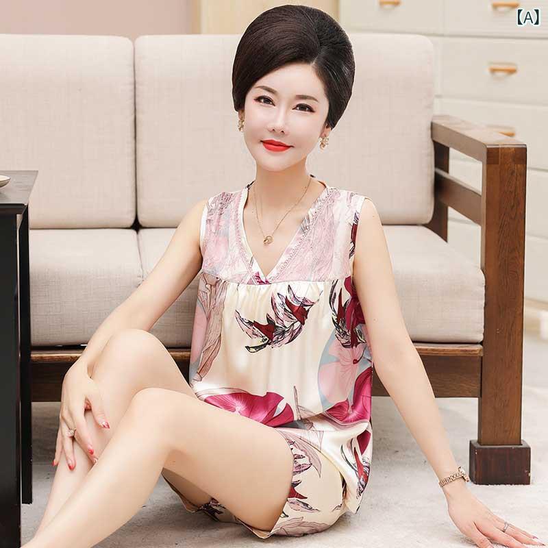 ルームウェア レディース 女性用 夏用 接触冷感 薄手 ノースリーブ タンクトップ Vネック ショートパンツ 七分丈パンツ パジャマ ナイトウェア セットアップ 部屋着 外着 普段使い ミセス ママ ポリエステル