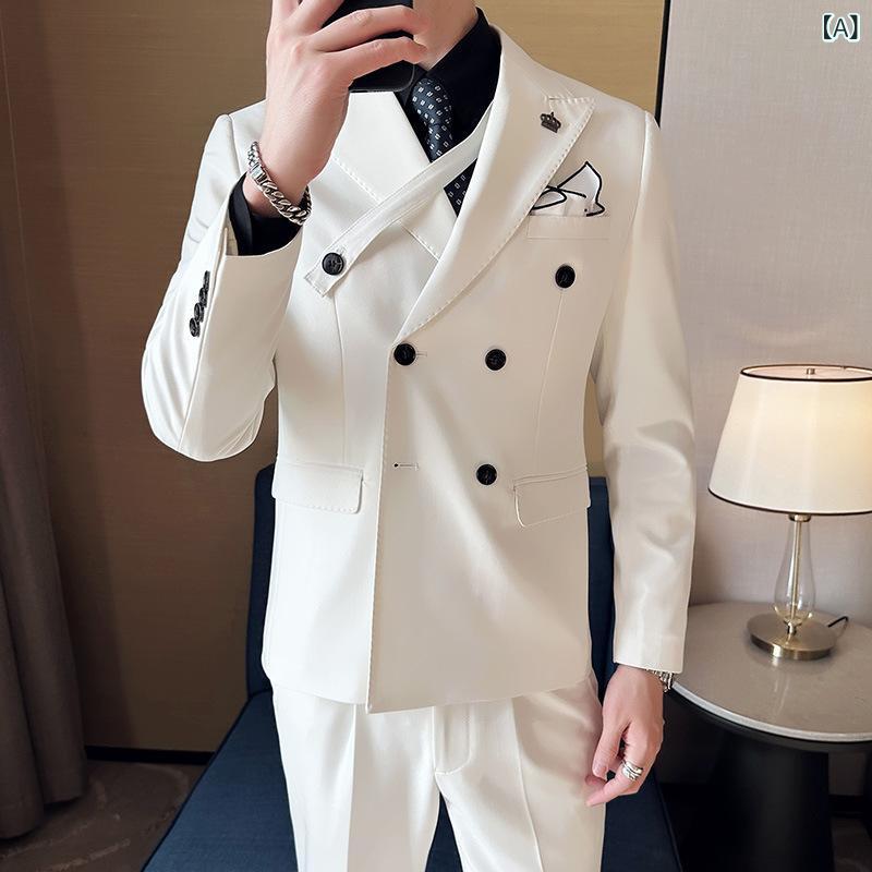 スーツ メンズ 男性用 ダブルブレスト 無地 ソリッドカラー セットアップ ビジネス カジュアル オフィス フォーマル 礼服 結婚式 ツーピース 春秋 スリムフィット 化繊混紡