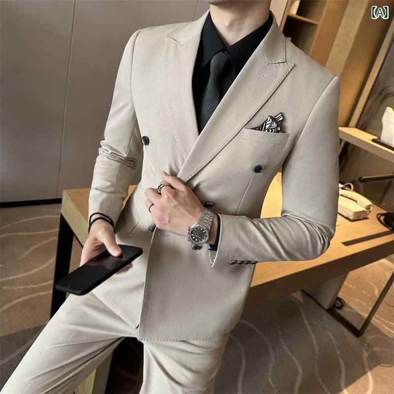 スーツ メンズ ダブルブレスト ストライプ セットアップ カーキ 新郎 結婚式 披露宴 ビジネス 通勤 面接 スリムフィット フォーマル 礼服 春秋 防シワ