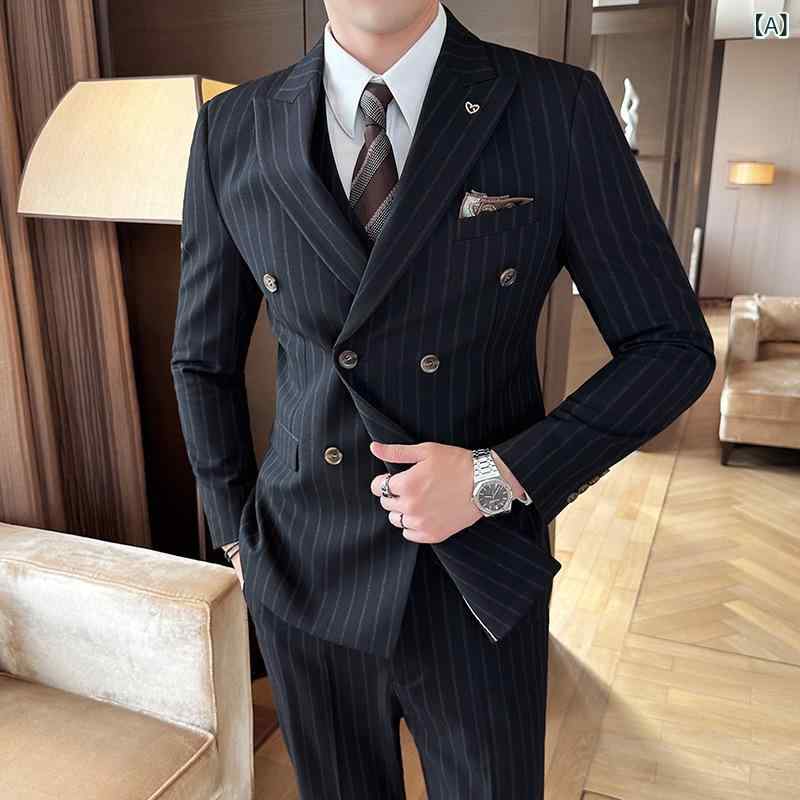 スーツ メンズ 男性用 ストライプ ダブルブレスト スリムフィット ビジネス オフィス 礼服 結婚式 ウェディング 新郎 介添人 スリーピース 3点セット 混紡素材 秋冬 フォーマル セットアップ