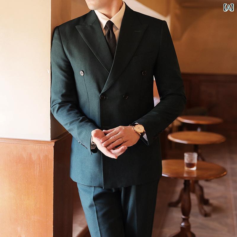 スーツ 男性用 ピークドラペル ダブルブレスト スリムフィット カジュアル ビジネス セットアップ ジャケット パンツ 2点セット 秋冬 化学繊維混紡 アセテート 上質感 ダークグリーン カーキ ブラック