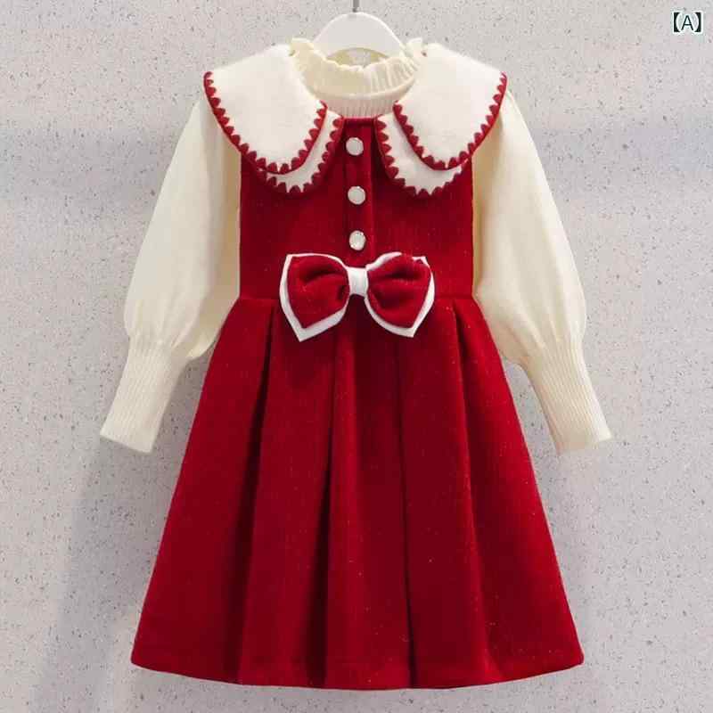 ワンピース 女の子 秋冬 プリンセス風 おしゃれ かわいい ドレス 2点セット ツーピース 長袖 リボン 無地 切り替え アクリル素材 レッド ピンク ジュニア キッズ お出かけ 発表会 フォーマル
