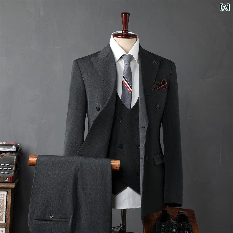セットアップ メンズ 男性用 ビジネス フォーマル カジュアル 新郎 結婚式 礼服 ダブルブレスト ピークドラペル サイドベンツ スリムフィット メタル装飾 混紡素材 大人 おしゃれ 春秋