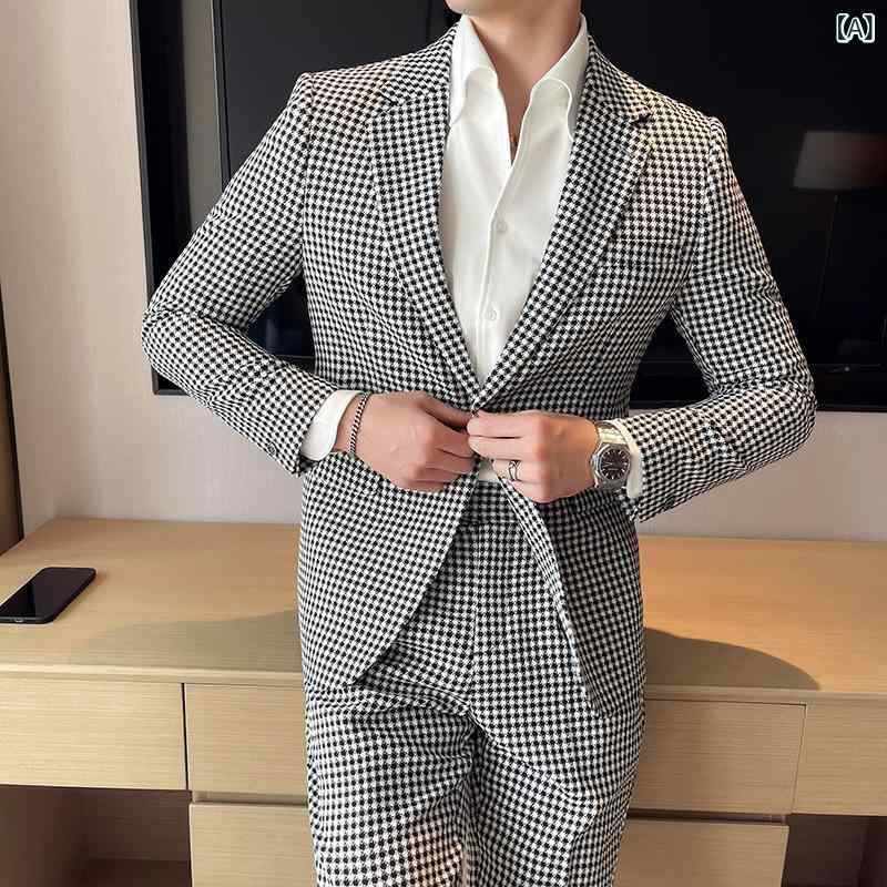 スーツ メンズ 男性用 千鳥格子柄 スリムフィット シングルボタン ツーピース ビジネス フォーマル カジュアル 通勤 結婚式 パーティー アセテート混紡 テーラードジャケット スラックス ブラック カーキ ファッション トレンド セットアップ