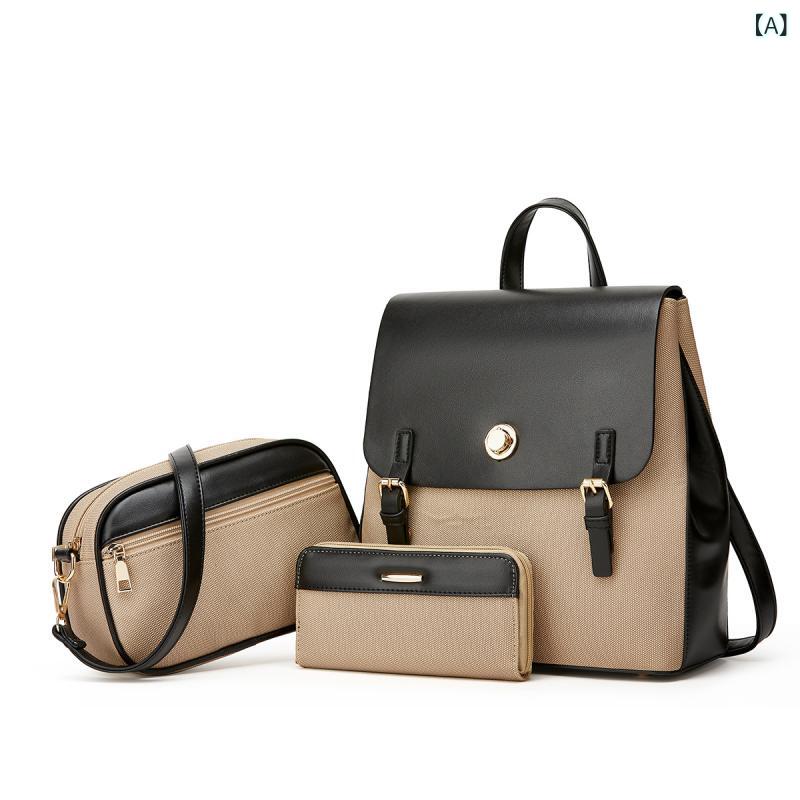 リュックサック レディース 女性用 3点セット ショルダーバッグ 鞄 PUレザー 合成皮革 防水 軽量 耐摩耗 おしゃれ カジュアル 旅行 通勤 お出かけ 春夏 ブラック ピンク カーキ ブラウン