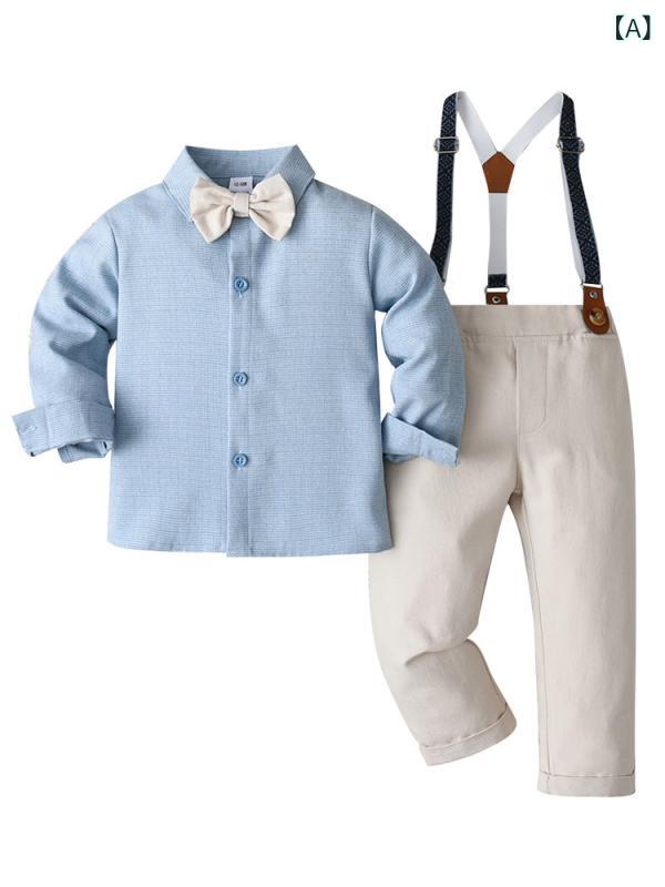キッズ セットアップ 男の子 ベビー 春秋 英国風 フォーマル 入学式 発表会 結婚式 お出かけ サスペンダーパンツ 長袖 長ズボン パンツスーツ チェック柄 蝶ネクタイ かわいい スカイブルー 綿 コットン