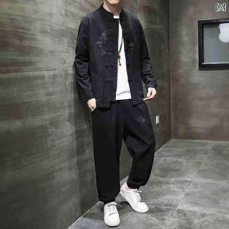 メンズ 漢服 大きいサイズ ビッグサイズ ゆったり ルーズフィット 秋冬 中国風 唐装 チャイナ服 鶴刺繍 セットアップ 2点セット 飾りボタン チャイナボタン
