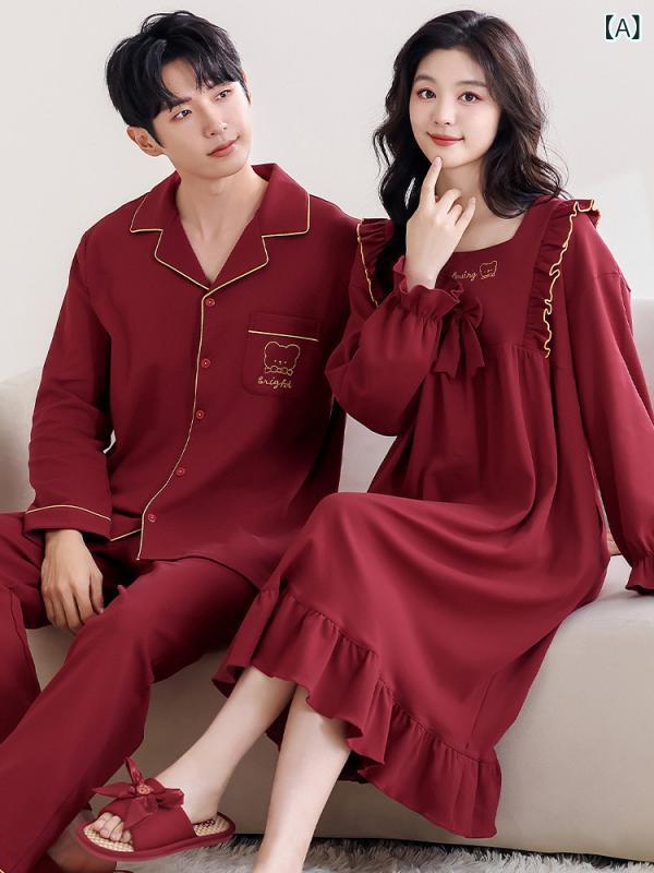 パジャマ セット カップル ペア メンズ レディース 長袖 綿 ルームワンピース ゆったり 高級感 新婚祝い 春秋冬 レッド 通気性 伸縮性 保温性