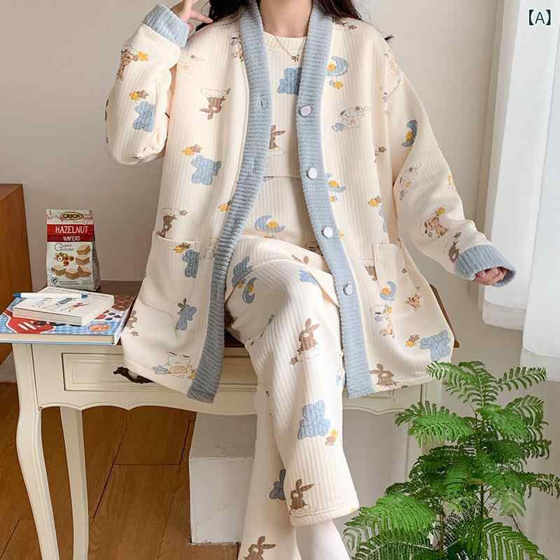 マタニティウェア 妊婦 産前産後 授乳口付き パジャマ ルームウェア 3点セット 厚手 保温 エアコットン 綿 長袖 長ズボン 出産準備 入院着 秋冬春