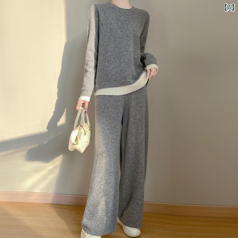 セットアップ レディース 女性用 ゆるだぼ リラックス 上品 カジュアル ドッキング ニット セーター フェイクツーピース ワイドパンツ ガウチョパンツ ロングパンツ 秋冬 ウール デザイン 配色 切り替え グレー アイボリー｜ラ・グラーヌ