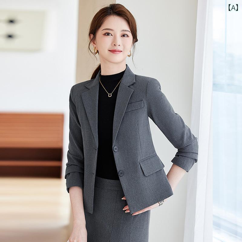 セットアップ レディース 女性用 OL 通勤 オフィス ビジネス 長袖 ジャケット ブレザー プリーツスカート ミディ丈 ポリエステル 伸縮性 エレガント 上品 着回し 万能 グレー ブラック ブルー