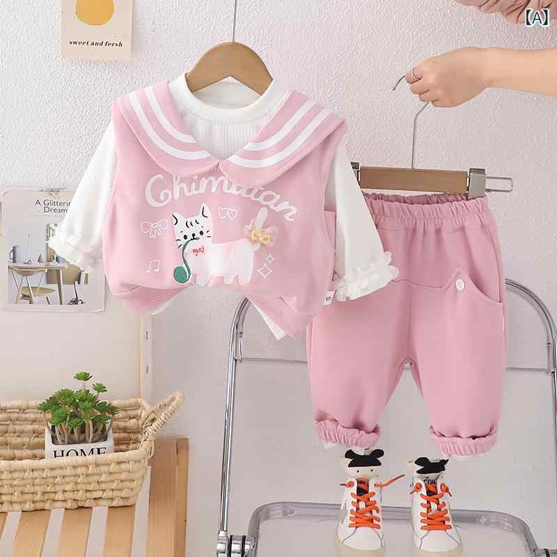 ベビー服 女の子 セットアップ 3点セット パンツスタイル キュートな猫デザイン 綿素材 柔らか肌触り カジュアル おしゃれ 春秋 ピンク グレー