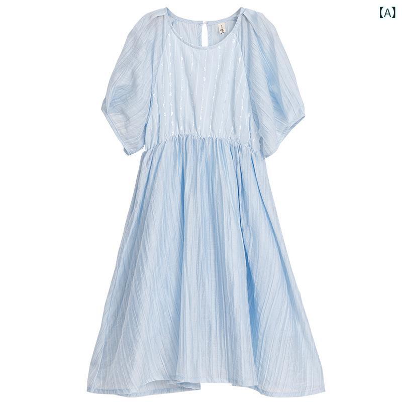 ワンピース 女の子 ジュニア キッズ 夏服 テンセル ポリエステル混紡 肌に優しい綿裏地 プリンセスライン フレア ふんわり かわいい 柔らかい 肌触り 吸湿性 通気性 お出かけ 普段着 ライトブルー 水色