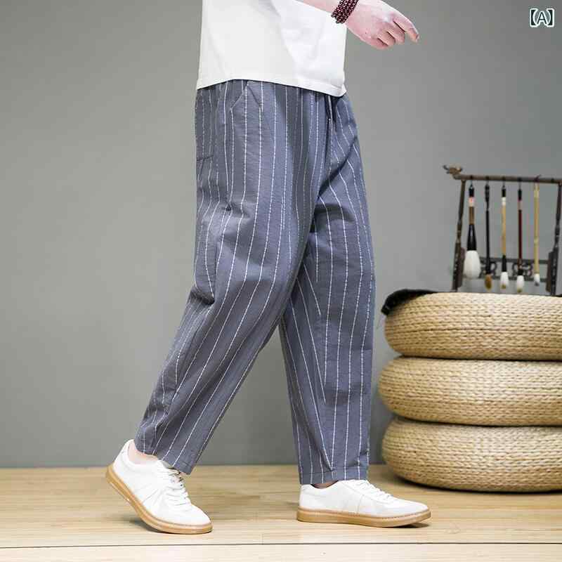パンツ メンズ 男性用 春夏 チャイナ風 レトロ ストライプ柄 綿麻素材 大きいサイズ ビッグサイズ ゆったり ストレート 長ズボン 薄手 グレー ブラック ネイビー 普段使い カジュアル リラックスウェア