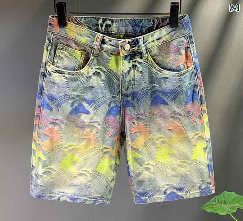 デニムパンツ メンズ 男性用 ミドルウエスト ハーフパンツ リラックスストレート ストレッチ ダメージ加工 パッチワーク 刺繍 ユーズド加工 コットン 綿 ブルー 春夏 カジュアル 普段使い