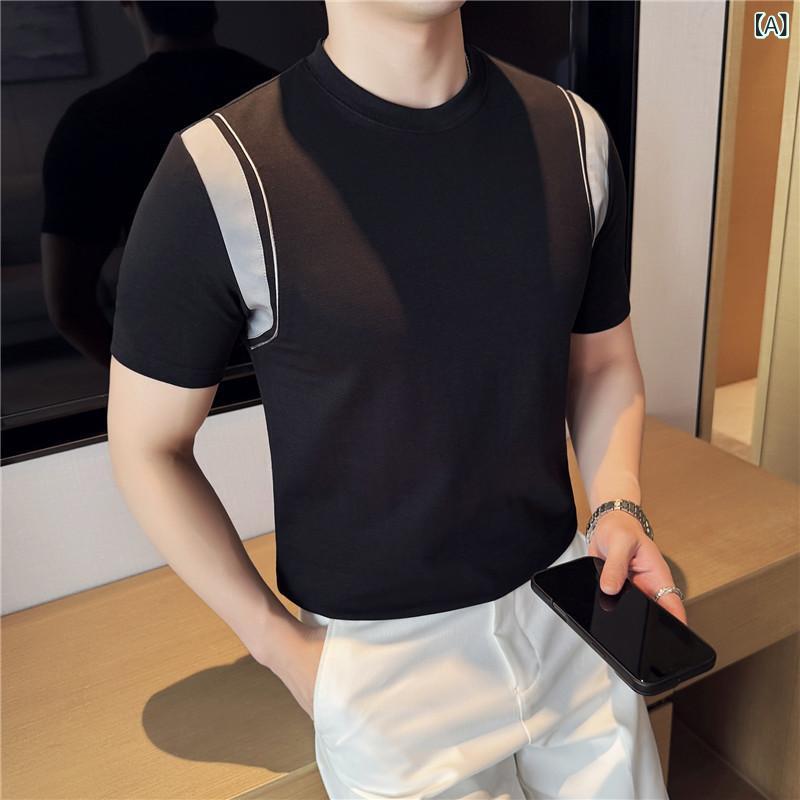 Tシャツ メンズ 半袖 クルーネック 肩部分切り替え スリムフィット ストレッチ 綿混 コットンブレンド ベーシック カジュアル 普段使い レジャー 春夏 インナー トップス
