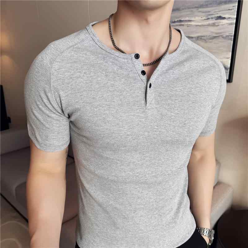 Tシャツ メンズ トップス 男性用 半袖 ヘンリーネック 綿 コットン リブ ストレッチ 伸縮性 スリムフィット 細身 インナー 肌着 フィットネス ジム トレーニング 夏 サマー スポーツ カジュアル