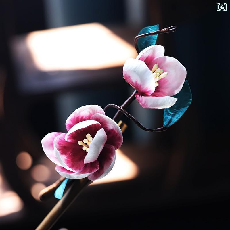 かんざし 藤の花モチーフ 古風 レトロ 蚕糸ベルベット 木製 中華風 漢服 チャイナドレス 伝統衣装 ヘアアクセサリー 藤色 パープル系