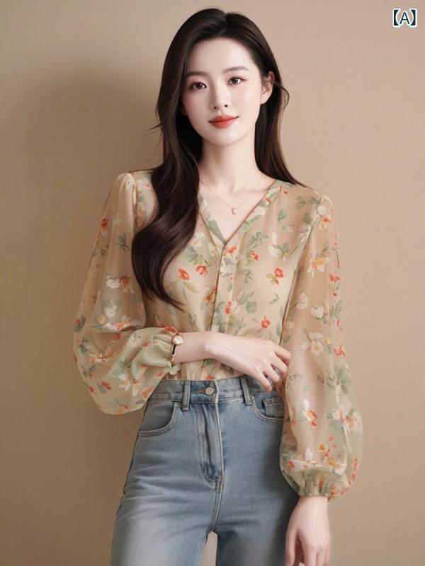 ブラウス レディース 女性用 春夏 フレンチスタイル 高級感 花柄 シフォン 長袖 Vネック ゆったり トップス ポリエステル 綿 通勤 オフィス きれいめ