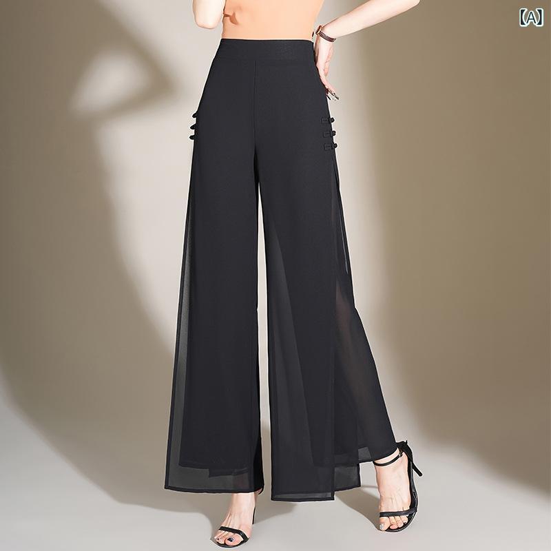 パンツ レディース 中国風 シフォン ストレートワイド スカート見え スリット ハイウエスト 薄手 ドレープ 春夏 ポリエステル 微ストレッチ きれいめ エレガント