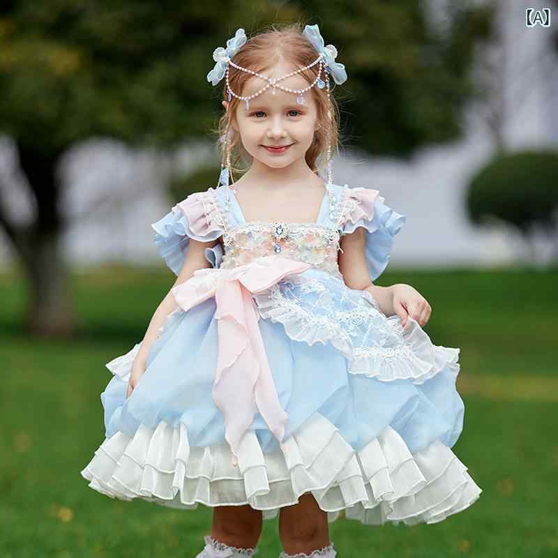 子供服 女の子 女児 ロリータ プリンセス ストラップ キャミソール ジャンパースカート Aライン フレア シフォン ポリエステル 裏地コットン 高品質 上質 丁寧な作り 春夏 ブルー 青色 お出かけ 発表会 普段使い