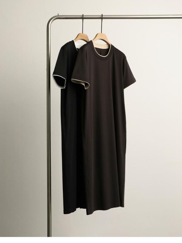 ワンピース レディース 春夏 接触冷感 コットン混 tシャツワンピース ミモレ丈 ロング丈 丸首 半袖 バイカラー 異素材切り替え ゆったり 大きいサイズ 体型カバー 無地 レトロ カジュアル|ラ・グラーヌ