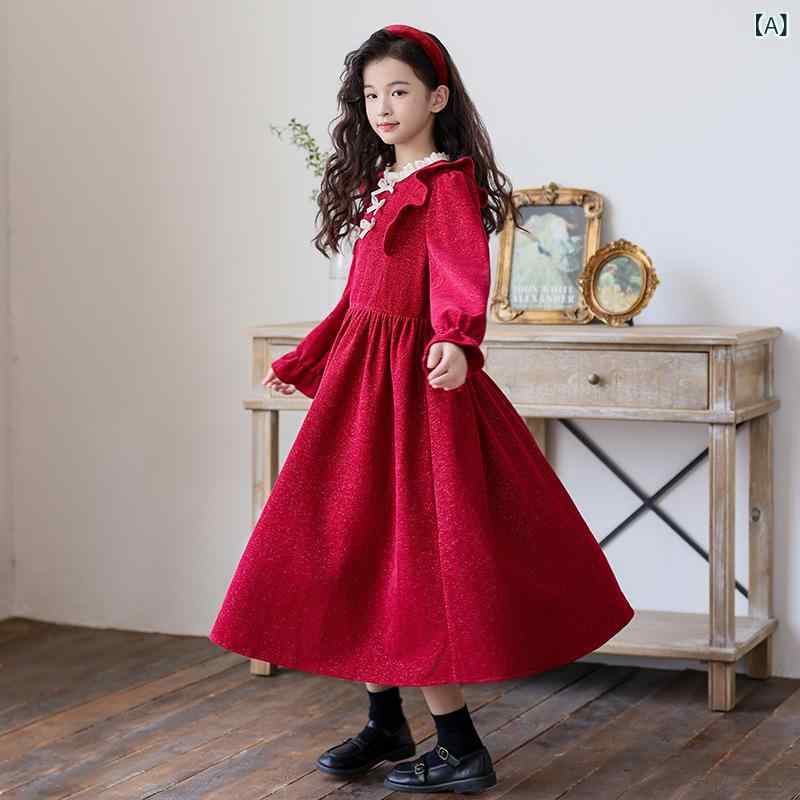 ワンピース 女の子 キッズ ジュニア 秋冬 コーデュロイ シェニール ポリエステル レトロ 韓国風 Aライン ロング丈 赤 新年 お祝い パーティー フォーマル 発表会