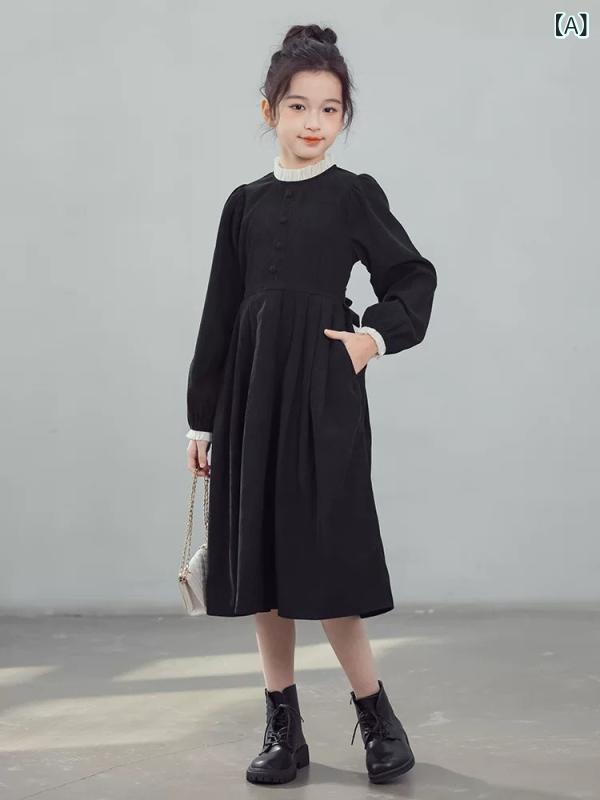 ワンピース 女の子 ガールズ キッズ ジュニア 秋冬 コーデュロイ 長袖 コットンブレンド 上品 エレガント ウエストマーク ロング丈 プリーツスカート 黒 ダークオレンジ 普段使い 通学 トレンド