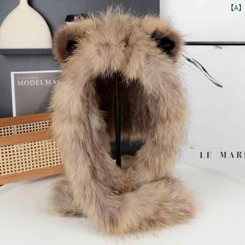 帽子 レディース 秋冬 防寒 保温 あったか かわいい クマ耳 タヌキファー ファー 編み込み マフラー ネックウォーマー ふわふわ もこもこ 一体型 ブラウン ブラック ホワイト|ラ・グラーヌ