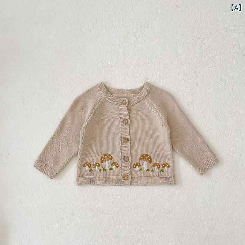 カーディガン ベビー 男女兼用 秋冬 きのこ刺繍 綿 コットンニット クルーネック 長袖 前開き ボタン カジュアル 普段使い お出かけ 万能 おしゃれ 4,242円
