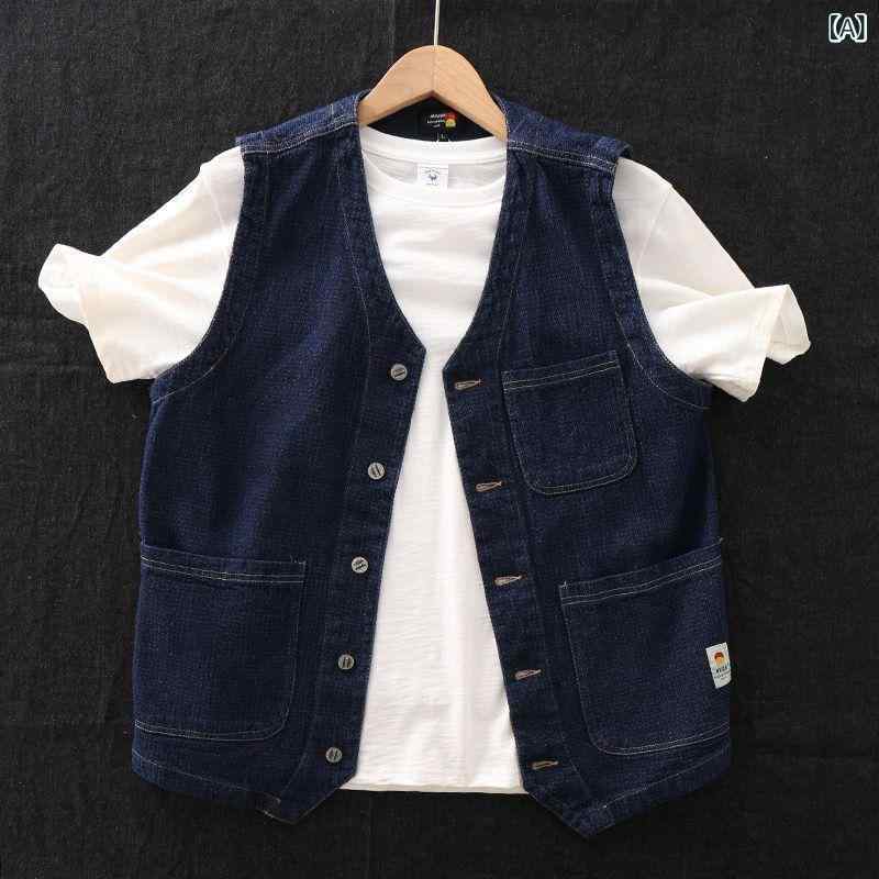 ベスト ジレ メンズ 男性用 春夏 デニム 濃紺 インディゴ Vネック シングルボタン スリム レトロ ヴィンテージ クラシック 定番 カジュアル 普段使い 着回し 羽織り コットン 綿 5,287円