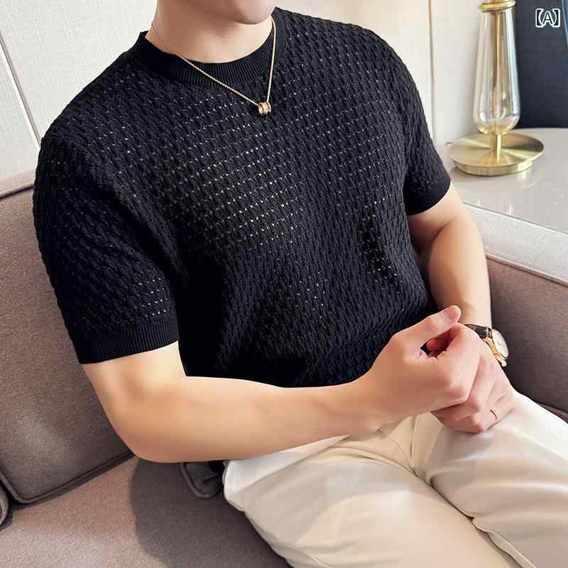 Tシャツ メンズ 半袖 トップス カットソー クルーネック 丸首 スリムフィット ストレッチ 伸縮性 通気性 接触冷感 涼しい 快適 薄手 綿混 ニット 透かし編み カジュアル 普段使い 春夏
