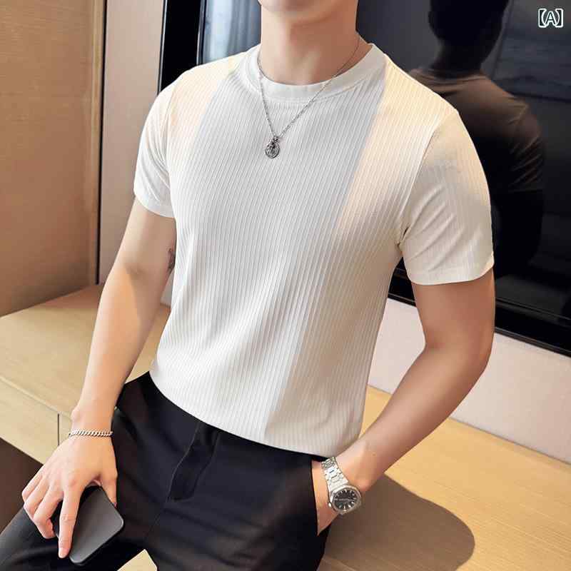 Tシャツ メンズ 男性用 夏 サマー 薄手 接触冷感 吸湿速乾 伸縮性 ストレッチ 半袖 丸首 クルーネック 無地 地模様 ポリエステル カジュアル トップス カットソー 5,287円