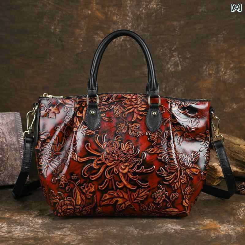 御徒面子 レディース レトロチャイナ風 牛皮 お手々絵の具 立体型押し 横型 真四角 手提げ鞄 デイリー若い衆 細工人手作り