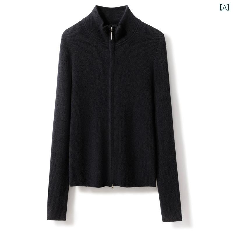カーディガン レディース 純カシミヤ カシミア ニット はおり ジップアップ 長袖 レギュラーフィット ミドル丈 春夏 通勤 オフィス 普段使い きれいめ 上品 エレガント ブラック グレー