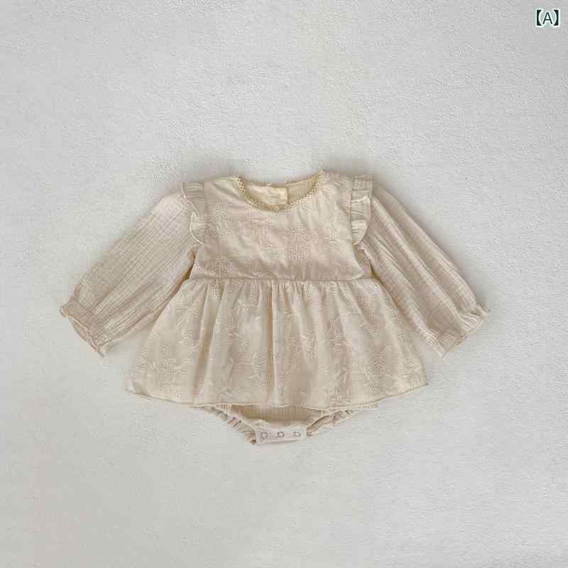ロンパース カバーオール 女の子 ベビー キッズ 1歳 2歳 3歳 スカート風 ワンピース風 刺繍 フリル袖 長袖 綿 コットン 肌触り 快適 春夏 カジュアル 普段使い お出かけ 股下スナップ アプリコット