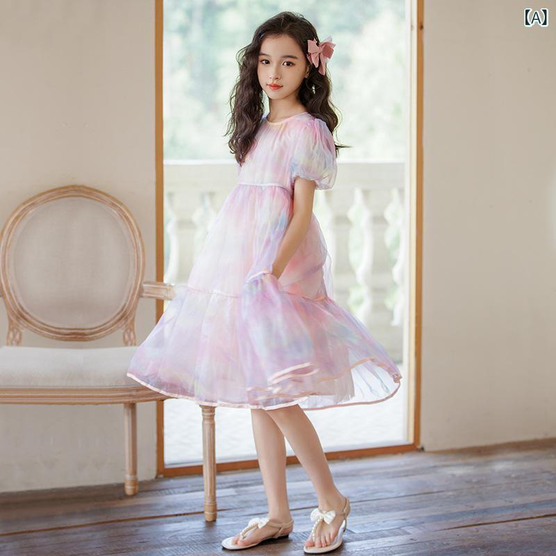 ワンピース キッズ 女の子 ジュニア 半袖 夏 オーガンジー レインボー プリンセスドレス かわいい お出かけ おしゃれ フォーマル 涼しい ポリエステル コットン Aライン 発表会 リゾート