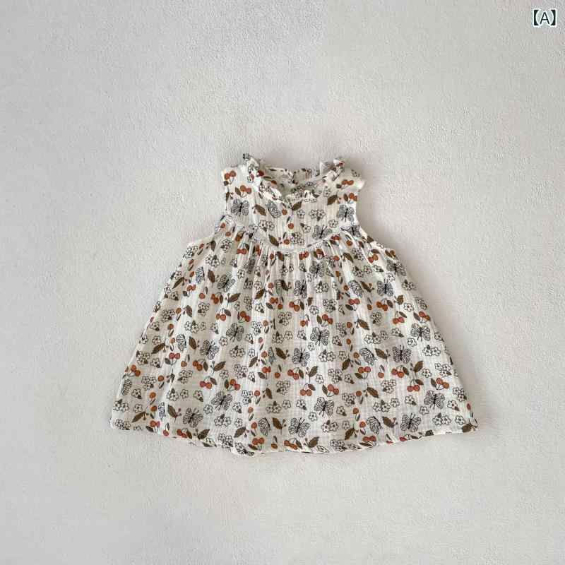 ワンピース ベビー 女の子 女児 春夏 トレンド かわいい さくらんぼ 蝶柄 プリント ノースリーブ Aライン 綿 アプリコット お出かけ 普段使い