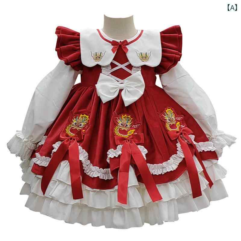 衣装 御姉さん キッズ ロリータ 辰年 年賀服 刺しゅう 天鵞絨 長袖 A生産ライン 妃殿下風 愛くるしげ 綿織物 ポリエステル衣料繊維 赤いこと 年月