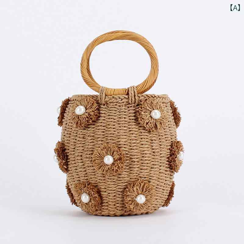 バッグ レディース 手提げ おしゃれ バケットバッグ ハンドメイド ペーパーヤーン 編み込み フラワーモチーフ パール装飾 ビーチ リゾート カジュアル 鞄 春夏