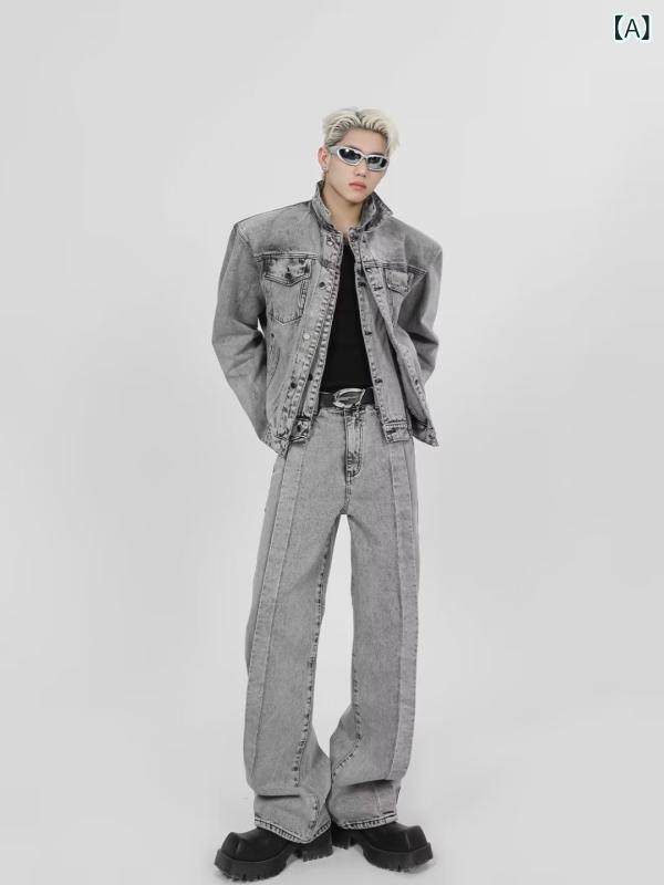 デニムパンツ メンズ ウォッシュ加工 ゆったり ストレートワイド レトロ アメカジ カジュアル トレンド コットン ミドルウエスト 微ストレッチ ライトグレー