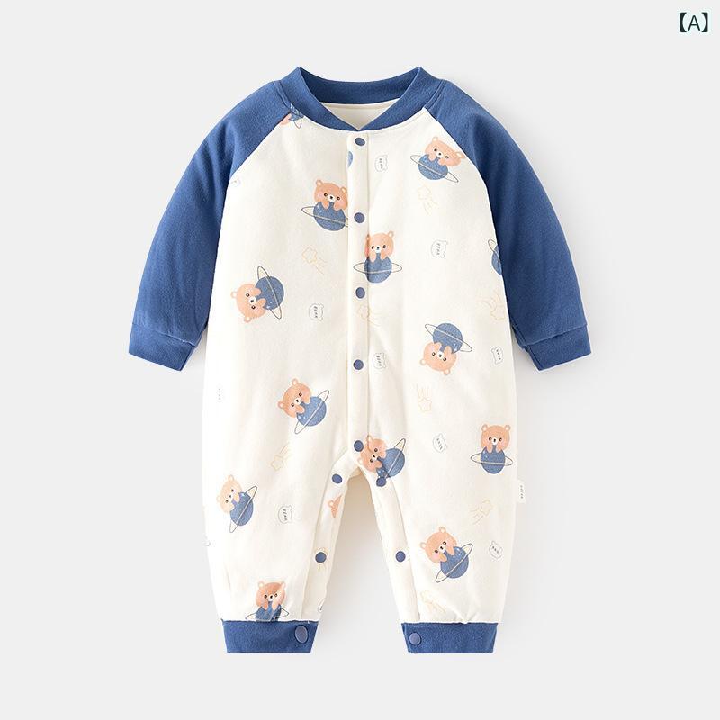 ロンパース ベビー 乳幼児 赤ちゃん 中綿入り 厚手 保温 防寒 秋冬 長袖 前開き スナップボタン コットン 綿 カバーオール つなぎ アニマル柄 普段使い 暖か