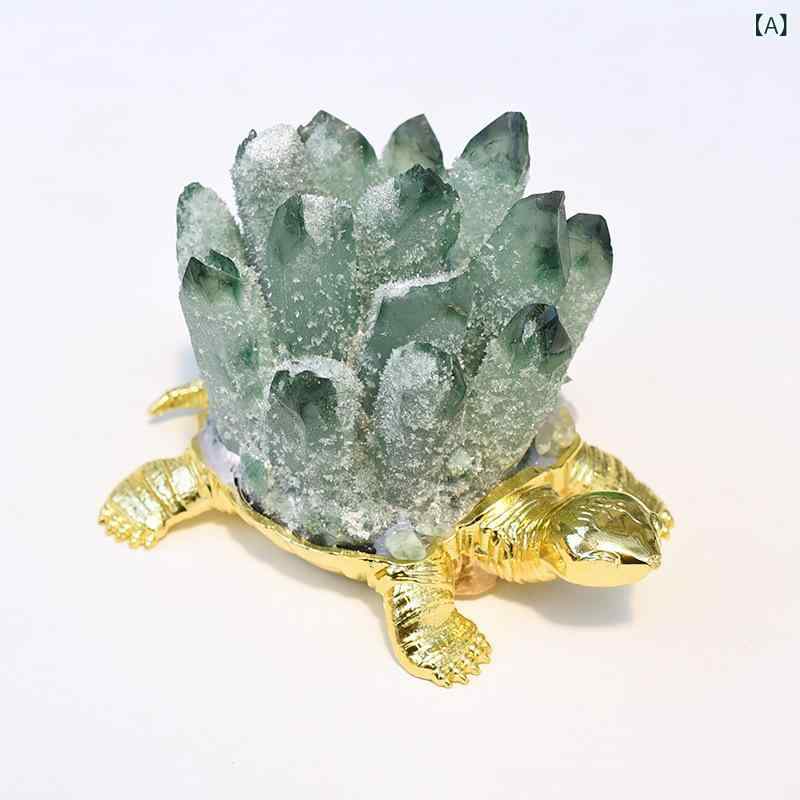 置物 天然緑水晶クラスター 翡翠 パワーストーン 亀 メタル合金 開運 風水 縁起物 自宅 オフィス 卓上 デスク インテリア オブジェ ゴールド アンティークカラー