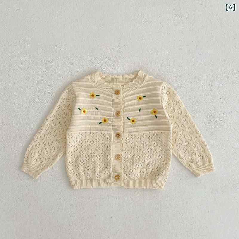 カーディガン ベビーキッズ 女の子 春夏 花柄刺繍 透かし編み 長袖 ショート丈 UVカット 冷房対策 普段使い ニット 綿 薄手 丸首 前開き アイボリー オフホワイト