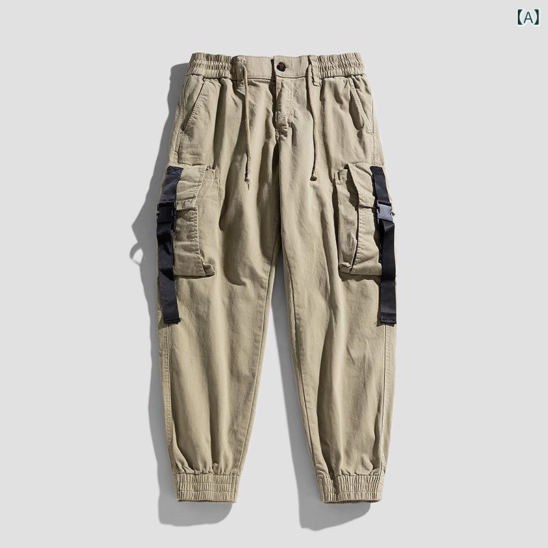 カーゴカジュアルパンツ メンズ ルーズフィット 日系スタイル トレンド 秋冬 多ポケット ロング丈 コットン ストレッチ ミドルウエスト ドローストリング ストレート イージーケア タウンユース アウトドア 普段使い