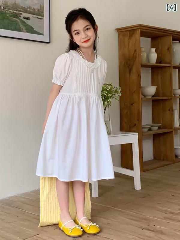 ワンピース 女の子 女児 白 ホワイト コットン 綿 半袖 パフスリーブ フリル レース プリンセスライン フレア Aライン ゆったり リラックスフィット 無地 韓国風 夏 サマー カジュアル